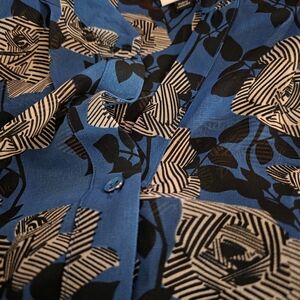 Blue and Black Floral Button-Up Blouse